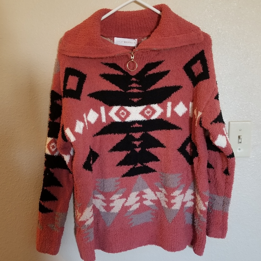 So soft Aztec chenille pullover zip neck WannaB